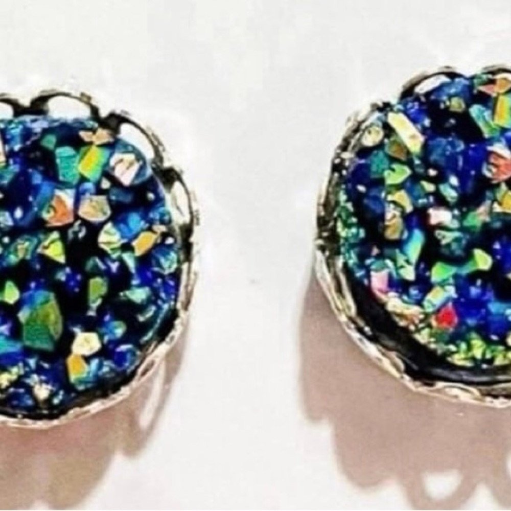 Iridescent Multicolored Druzy Stud Earrings - Picture 2 of 3